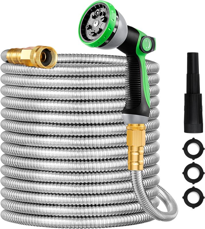 Photo 1 of Vorey Metal Garden Hose, 100FT Lightweight 304 Stainless Steel Water Hose with Multifunction Nozzle & Sprayer, Flexible, High Pressure, No Kink, Puncture Proof Hose for Yard, Outdoors 