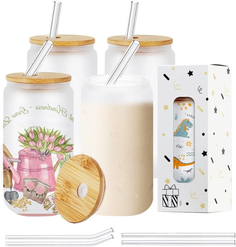 Photo 1 of 4 PACK Sublimation Glass Blanks With Bamboo Lid,16 OZ Frosted Glass Cups With Lids And Straws,Sublimation Glass Can,Sublimation Glass Blanks For Iced Coffee,Juice,Soda,Drinks,Beer
