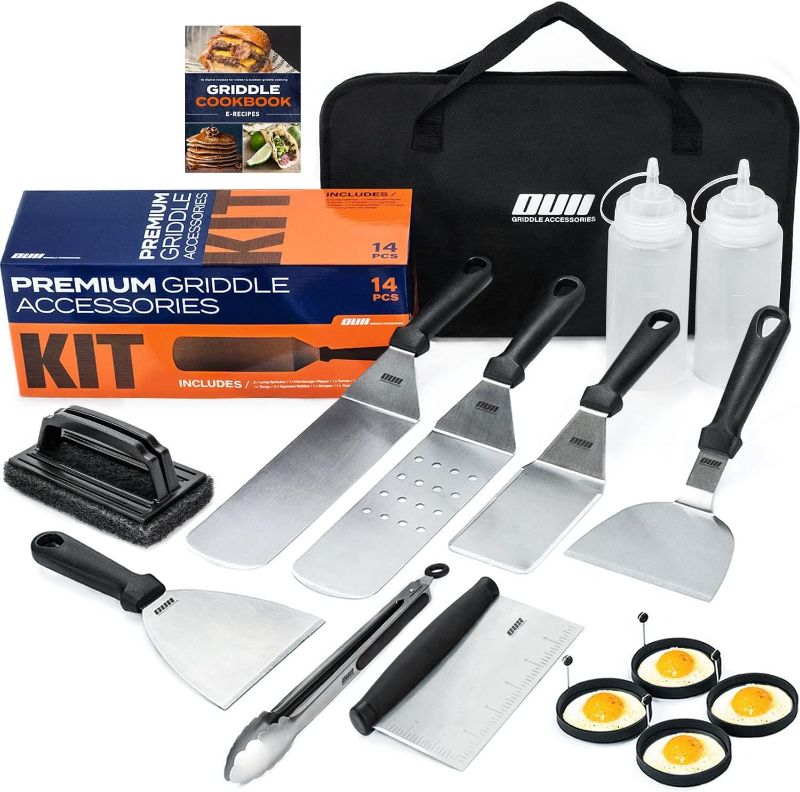 Photo 1 of Flat Top Griddle Accessories Set for Blackstone and Camp Chef Griddle - 14 Pieces Set with Griddle Cleaning Kit & Carry Bag! Metal Spatula, Griddle Scraper, Egg Rings for Teppanyaki & Gas Grill
