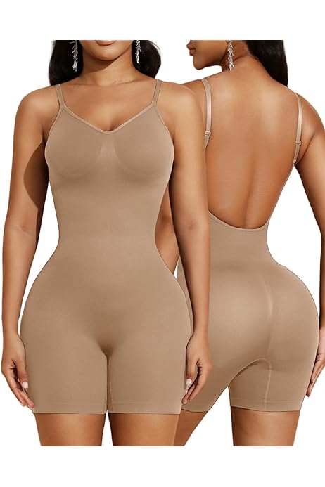 Photo 1 of Shapewear Bodysuit for Women Seamless Backless Tummy Control Bodysuits Butt Lifter Body Shaper Jumpsuits Tank Tops Small Brown