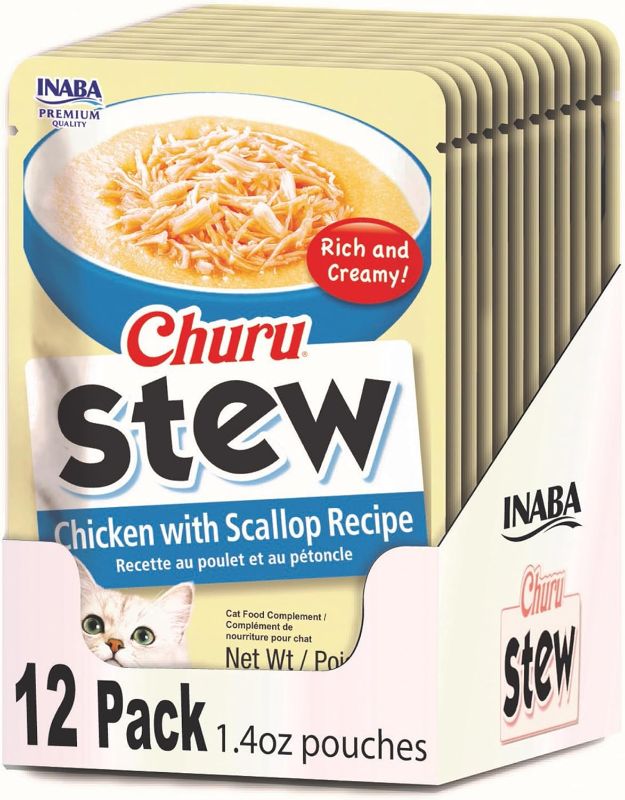 Photo 1 of INABA Churu Stew for Cats, Broth Gelée with Shredded Chicken Side Dish Pouch with Vitamin E, 1.4 Ounces per Pouch, 12 Pouches, Chicken with Scallop Recipe
