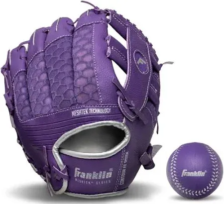 Photo 1 of Franklin Sports Kids Baseball Glove + Ball Sets - Meshtek Youth Teeball Gloves for Kids + Toddlers - Left + Right Hand Throw Mitts + Glove Sets with Foam Balls - Boys + Girls Gloves - 9.5" Inch Left Hand Throw Glove and Ball Purple/Pink/Yellow