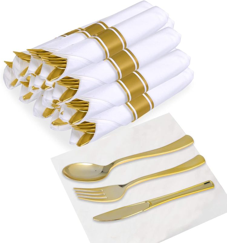 Photo 1 of 60 Packs Pre Rolled Gold Plastic Cutlery Set, Disposable Gold Plastic Silverware, Pre Rolled Napkin and Cutlery Set with 60 Forks, 60 Knives, 60 Spoons and 60 Dinner Napkins for Party 