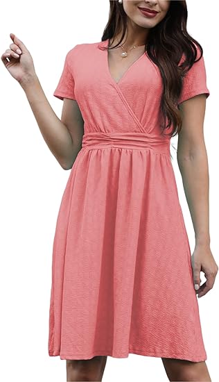 Photo 1 of Women's Spring Summer Short Sleeve Casual Dresses V-Neck Floral Party Dress Pink- 2XL
