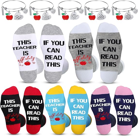 Photo 1 of Kenning 2024 Teacher Appreciation Gift Set 5 Pairs Funny Novelty Teacher Socks and 5 Pcs Teacher Bangle Bracelets, End of Year Graduation Thank You Gifts for Women Teacher
