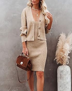Photo 1 of Fessceruna Womens Sexy Scoop Neck Sleeveless Bodycon Dress and Sweater Cardigan Ribbed Knit 2 Piece Sweater Set Outfits 