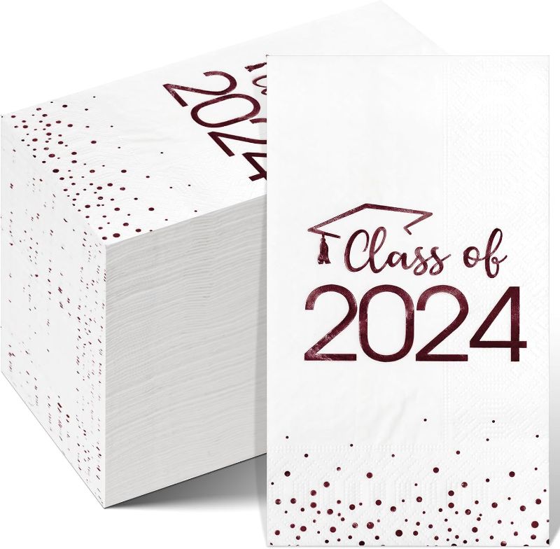Photo 1 of 100pcs Class of 2024 Graduation Napkins, Disposable Congrats Grad Cocktail Napkins Foil Dot Paper Hand Towels for 2024 High School University College Graduation Party Decorations (White Maroon?

