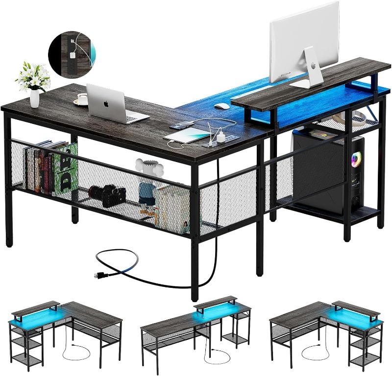 Photo 1 of Limited-time deal: iSunirm L Shaped Computer Desk with Magic Power Outlets and Smart LED Light, Reversible Office Corner Desk with Ergonomic Monitor Stand, Large Gaming Table with Storage, Sleek Grid Design, Black Oak 