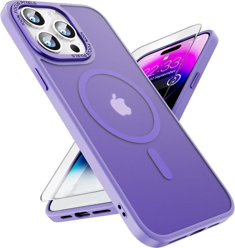 Photo 1 of * 6 Pack * SUCGLES for iPhone 14 Pro Case, with 9H Glass Screen Protector, Strong Magnetic Slim Translucent Matte Thin Cover Compatible with MagSafe for Apple 14pro Phone Case 6.1'' (Lavender)
