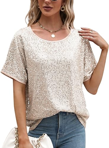 Photo 1 of Sucolan Sparkly Shirts for Women Off The Shoulder Blouses Blouses Crew Neck Sparkly Tops for Party Club Date Golden M 