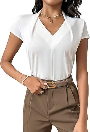 Photo 1 of COZYEASE Women's Solid V Neck Cap Sleeve Blouse Casual Semi Sheer Tops Size L