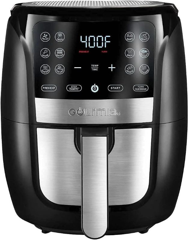 Photo 1 of Gourmia Air Fryer Oven Digital Display 6 Quart Large AirFryer Cooker 12 1-Touch Cooking Presets, XL Air Fryer Basket 1500w Power Multifunction Black and Stainless Steel Accents FRY FORCE GAF686 6 Qt.
