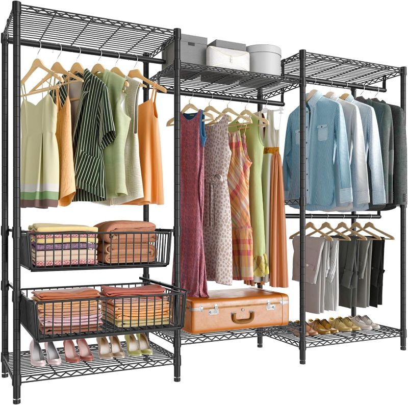 Photo 1 of VIPEK V10 Wire Garment Rack 5 Tiers Heavy Duty Clothes Rack with Hanging Rods, Wire Shelves & 2 Slid Storage Baskets, Large Size Clothing Rack 85.4" W x 15.7" D x 76.4" H, Max Load 920 LBS, Black