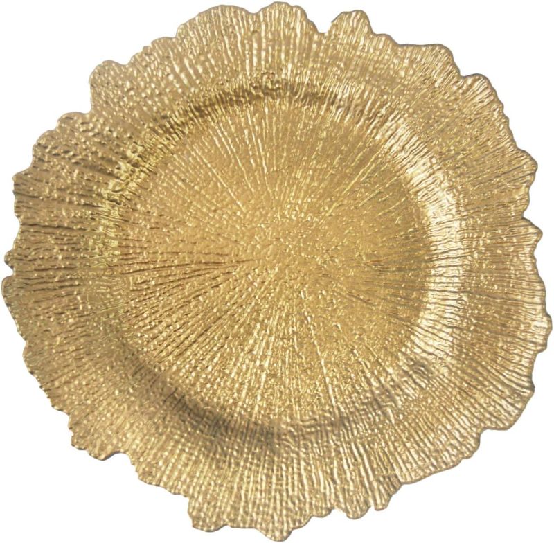 Photo 1 of WELMATCH Gold Plastic Reef Charger Plates - 12 pcs 13 Inch Round Floral Sponge Charger Plates Wedding Party Decoration (Gold, 12)