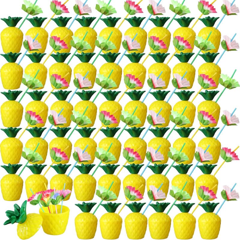 Photo 1 of Nuenen 120 Pcs Pineapple Cups Plastic Pineapple Cups with Lids Hibiscus Straws Hawaiian Luau Cups with Palm Leaves Pineapple Drink Cups Tiki Cups for Tropical Luau Aloha Beach Theme Party Supplies