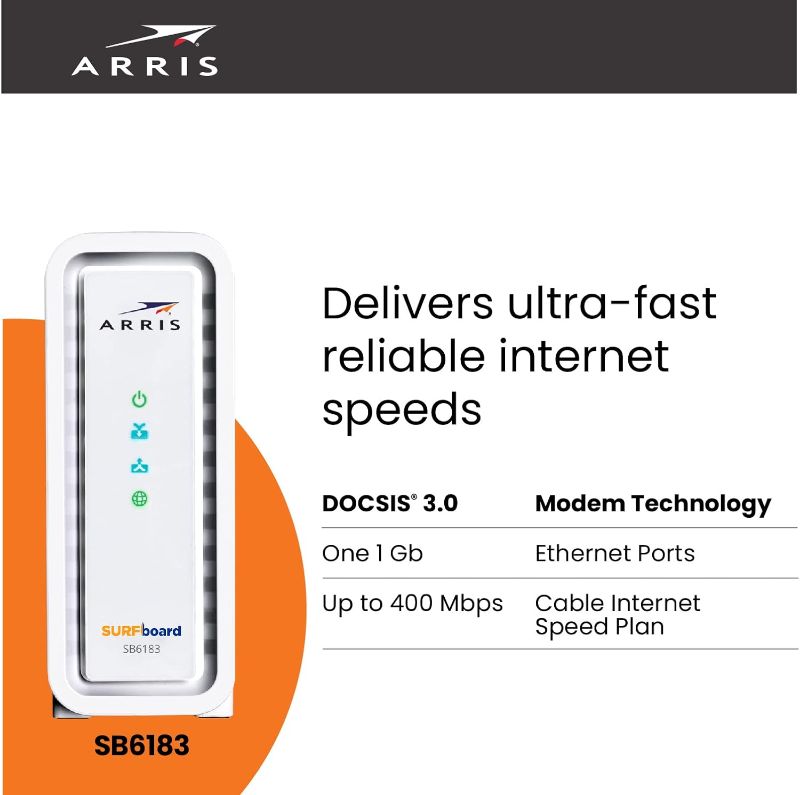 Photo 1 of ARRIS Surfboard SB6183 DOCSIS 3.0 Cable Modem (400 Mbps Max Internet Speed) 