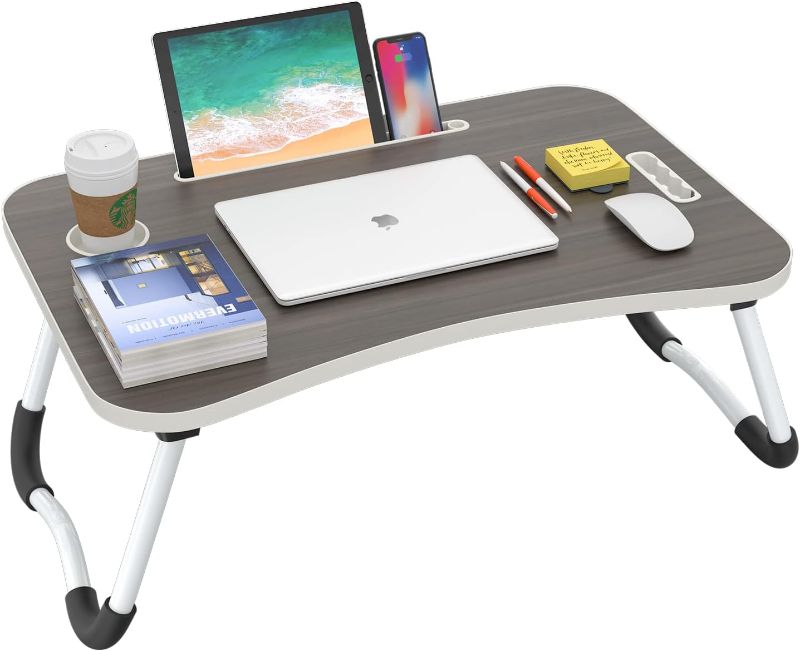 Photo 1 of Limited-time deal: BUYIFY Folding Lap Desk, 23.6 Inch Portable Wood Black Laptop Bed Desk Lap Desk with Cup Holder, for Working Reading Writing, Eating, Watching Movies for Bed Sofa Couch Floor