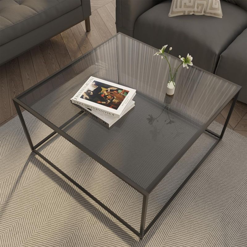 Photo 1 of Glass Coffee Tables for Living Room Square Modern Center Table for Small Space,Tempered Glass-top with Sturdy Metal Frame Sofa Side End Table, Easy Assembly,26.7 x 26.7 x 15.7 Inches, Gray Black https://a.co/d/5FgPq6i