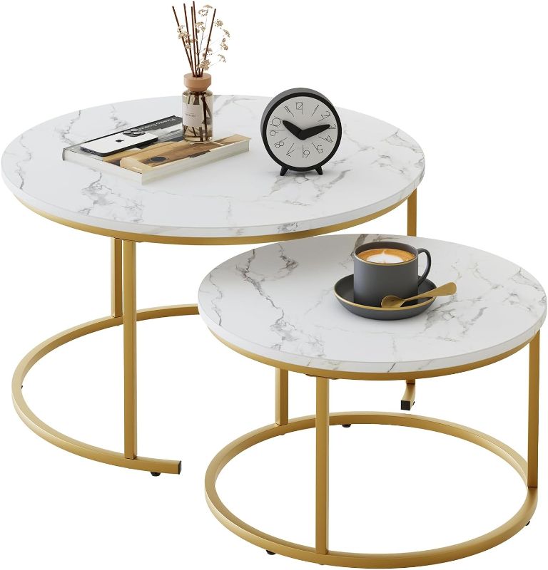 Photo 1 of VILAWLENCE Nesting Coffee Table 31.5IN Set of 2, White Faux Marble Gold Steel Frame Circular and Round Large Wooden Tables 31in, Living Room Bedroom Apartment Modern Industrial Simple Nightstand