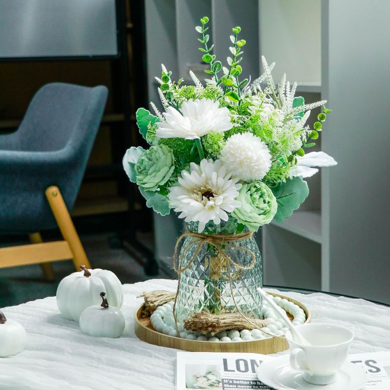 Photo 1 of HUAERLSP Artificial Flowers with Vase ?Fake Floral Arrangement in Vase Suitable for Home Kitchen Decor,Farmhouse Dinning Table Centerpieces,Coffee Table Decoration.(Green and White) 