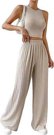 Photo 1 of SweatyRocks Women's 2 Piece Outfits Ribbed Knit Sleeveless Round Neck Crop Tank Top and Wide Leg Pants Medium