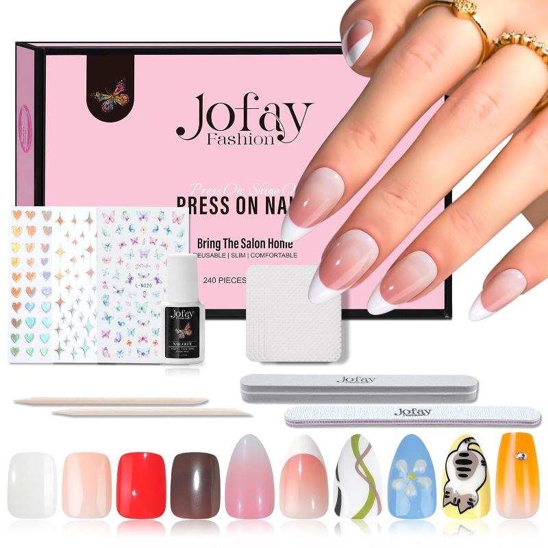 Photo 1 of 10 Packs (240 Pcs) Press on Nails Short-Jofay Fashion Short Square Fake Nails Almond Press on Nails Glue On Nails with Design Gel Nail Set Artificial Nails Kit for Women