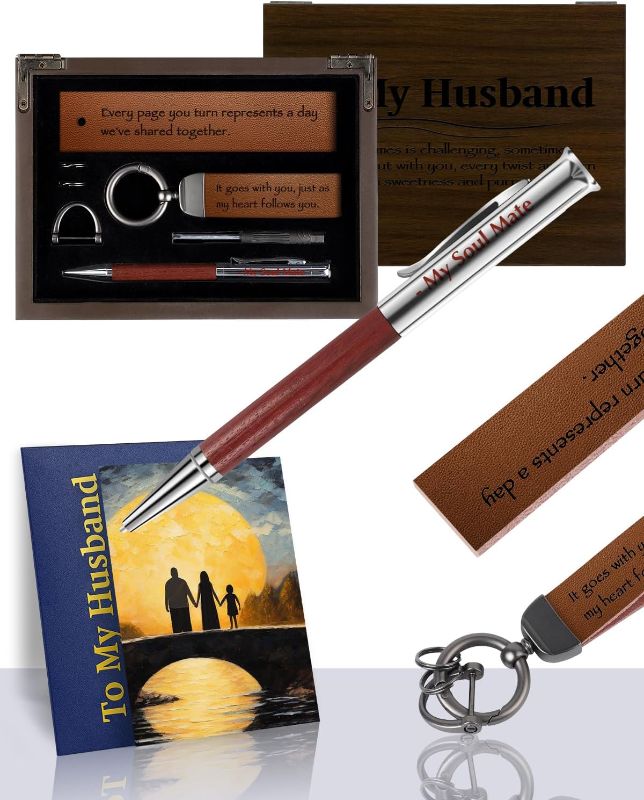 Photo 1 of BDJBXK Keychain - Touching Gift Set for Husband, Personal Celebrations, Vintage Style, Wood Pen, Leather Bookmark, Steel Keychain, Romantic, Family Scenes 