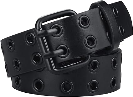 Photo 1 of ALPHYLY Grommet Leather Belts for Women, Double Prong Buckle Vintage Punk Jeans Belts