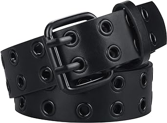 Photo 1 of ALPHYLY Grommet Leather Belts for Women, Double Prong Buckle Vintage Punk Jeans Belts