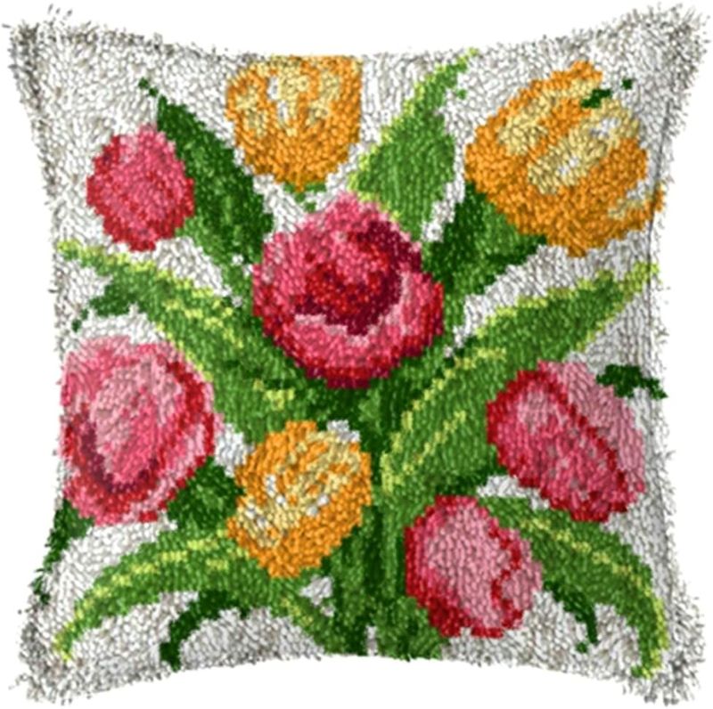 Photo 1 of LAPATAIN Latch Hook Kits for DIY Throw Pillow Cover,Tulips Needlework Cushion Cover Hand Craft Crochet 17x17inch 