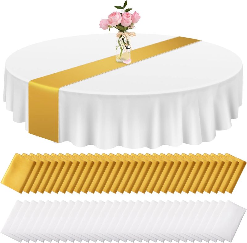Photo 1 of Oudain 60 Pcs 12x108 Satin Table Runner and 84 Round Plastic Tablecloths Set White Disposable Table Covers Waterproof Table Cloths for Graduation Wedding Party Baby Shower (White,Gold) 