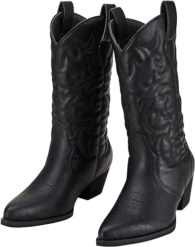 Photo 1 of Rollda Women's Western Cowboy Boots Pointed Toe Mid-Calf Cowgirl Boots Ladies Embroidered Fashion Boots with Chunky Heel 10.5