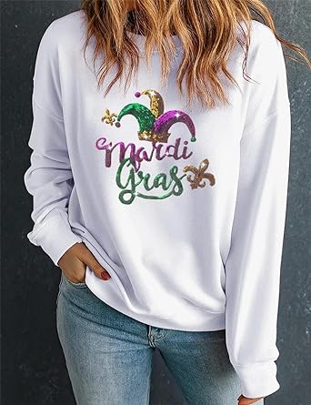 Photo 1 of Ecosunny Women's Casual Holiday Mardi Gras Sweatshirt Print Round Neck Long Sleeve Loose Pullover Tops Medium