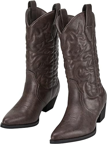 Photo 1 of Rollda Women's Western Cowboy Boots Pointed Toe Mid-Calf Cowgirl Boots Ladies Embroidered Fashion Boots with Chunky Heel 10
