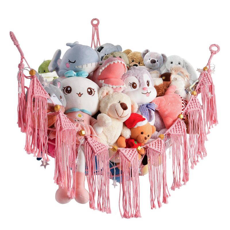 Photo 1 of CUHIOY Stuffed Animal Storage for Plush Toy, Large Hanging Hammock with Tassel Fits 30+ Teddy Bear, Pink Stuffy Toy Net with Light, Kid Room Corner Wall Organizer Rack for Soft Toy, 42x42x51Inches