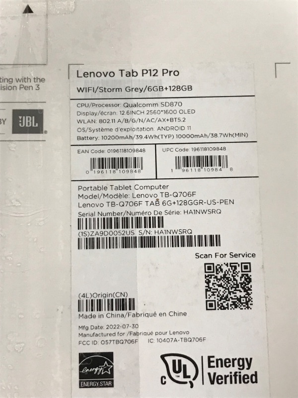 Photo 2 of *PARTS ONLY* Lenovo Tab P12 Pro Tablet - 12.6" 2K - Octa-core (Kryo 585 Single-core (1 Core) 3.20 GHz + Kryo 585 Triple-core (3 Core) 2.42 GHz + Kryo 585 Quad-core (4 Core) 1.80 GHz) - 6 GB RAM - 128 GB Storage