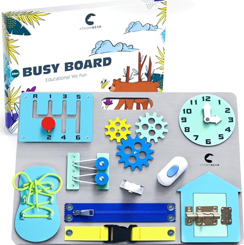 Photo 1 of AthomBear Busy Board for Toddlers 1 2 3 4, Montessori Activity Board with 10 Learning Activities, Toddler Gifts, Sensory Wooden Board for 1 Year Old
