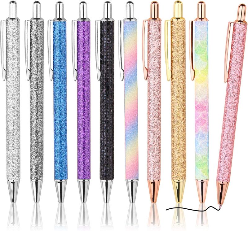 Photo 1 of WY WENYUAN 10 Pcs Ballpoint Pens, Comfortable Writing Pens, Metal Retractable Pretty Journaling Pens, Black Ink Medium Point 1.0 mm Gift Pens, Cute Pens Office Supplies for Women 10 pcs sparkly 1.0mm black Retractable