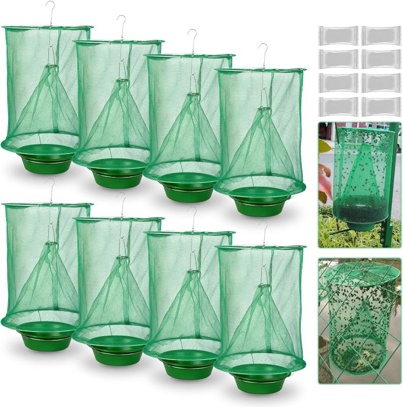 Photo 1 of 8 Pack Ranch Fly Traps, Hanging Stable Fly Trap, Disposable Fly Killer Cage, Fly Catcher Bag with Bait Tray, Fly Repellent for Outdoor and Indoor, Farms