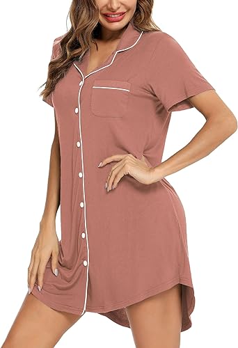 Photo 1 of Senert Nightgown for Women Sleep Shirt Short Long Sleeve Sleepwear Boyfriend Nightshirt Button Down Pajama Dress Small