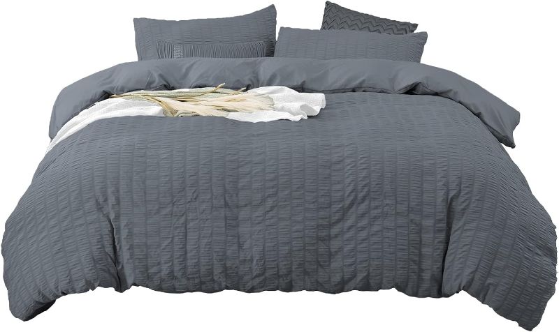 Photo 1 of Uhsupris Duvet Cover Queen 3 Pieces Washed Microfiber Seersucker Textured Fabric Bedding Set with Zipper Closure & Corner Ties (Gray, Full/Queen(90"X90")) 