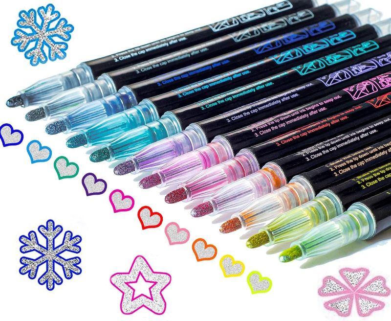 Photo 1 of Shimmer Markers Outline Double Line: 12 Colors Metallic Glitter Pens Set Sparkle Kid Age 4 8 10 14 16 Year Old Gift Doodle Drawing Supplies Art Craft Teen Girl Cute Stuff Mother's Day Basket Ideas 