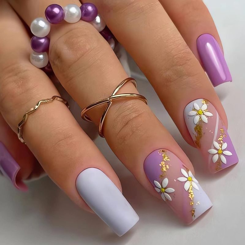 Photo 1 of 24PCS Purple Square Fake Nails with Cute Flower Designs, Acrylic Artificial Medium Press on Nails, Full Cover Gold Glitter Square Shape Glue on Nails French Nail Tips for Women&Girls