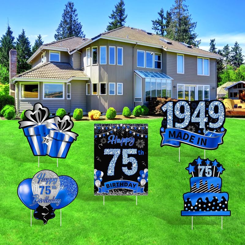 Photo 1 of 5Pcs Navy Blue 75th Birthday Yard Sign Decorations for Men Happy 75th Birthday Lawn Sign Made in 1949 with Stakes for 75 Years Old Birthday Outdoor Anniversary Decor Party Supplies 