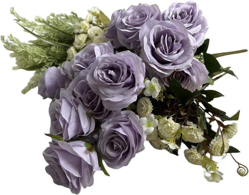 Photo 1 of Goddrum Artificial Flowers, Fake Flowers Silk Rose Bouquet, Faux Flower Arrangements for DIY Home Decor Office Wedding Bridal Kitchen Party Baby Shower (Light Purple) 