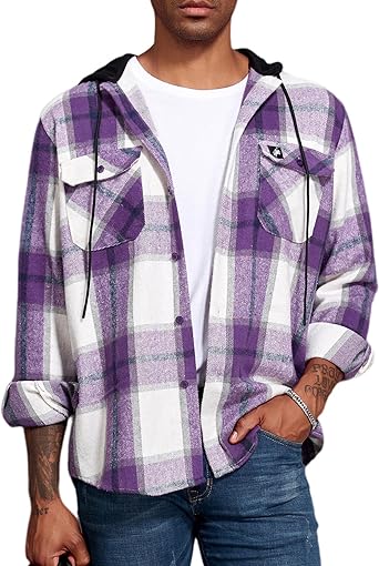 Photo 1 of Deer Lady 2024 Flannel Hoodies for Men Casual Button Down Flannel Shirts Long Sleeve Lightweight Hooded Jackets Shirts Large