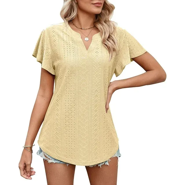 Photo 1 of Womens V-Neck Peplum Tops Dressy Casual Summer Eyelet Short Sleeve Shirt Style Top Small Yellow