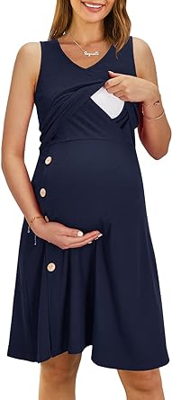 Photo 1 of OUGES Women's Sleeveless Maternity Dress Knee Length Breastfeeding Nursing Dress Medium Navy  