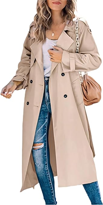 Photo 1 of Zontroldy Women's Double Breasted Long Trench Coat Lapel Solid Color Windbreaker Jacket with Belt Large
