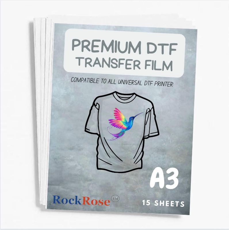 Photo 1 of Rock Rose Pre Treat - DTF Film is Made of PET, Thickness of 75um. It is a Heat-Resistant and Waterproof Film That is Designed for DYI Direct on T-Shirts (A4 DTF FILM - 30 Sheets) (15, A3)
